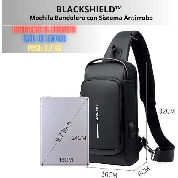 BLACKSHIELD™ - Mochila Bandolera con Sistema Antirrobo