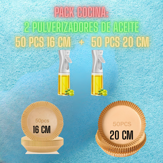 ✨PACK COCINA:🛢️ 2 X  Pulverizador de Aceite Spray 220 ml + 🍟 Papel de Horno para Freidora de Aire 20 y 16 cm (2 Pack 50 unidades)