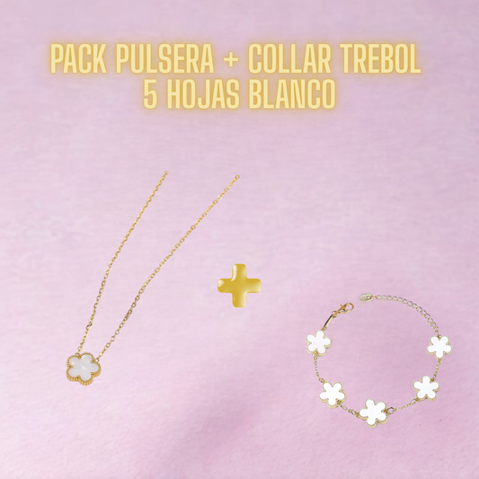 ✨ PACK PULSERA  + COLLAR DE TREBOL DE 5 HOJAS BLANCO