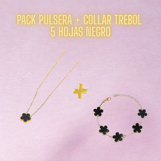✨ PACK PULSERA + COLLAR DE TREBOL DE 5 HOJAS NEGRO