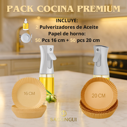 ✨PACK COCINA:🛢️ 2 X  Pulverizador de Aceite Spray 220 ml + 🍟 Papel de Horno para Freidora de Aire 20 y 16 cm (2 Pack 50 unidades)